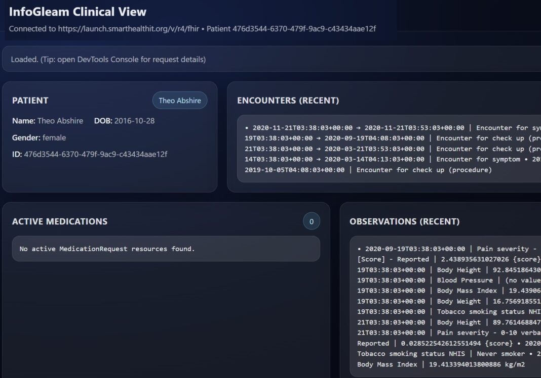 InfoGleam Clinical View, SMART on FHIR app Screenshot of the InfoGleam Clinical View SMART on FHIR app with a synthetic test patient
