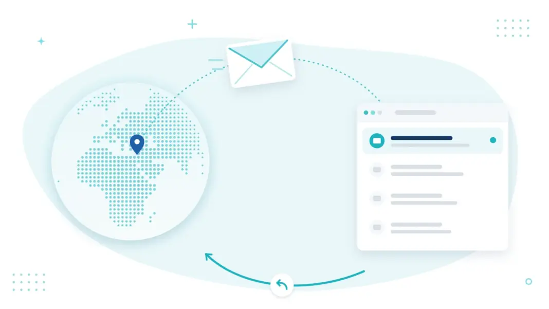 Contact InfoGleam Message flying from a globe with a pin on Jordan to an inbox, with a reply coming back