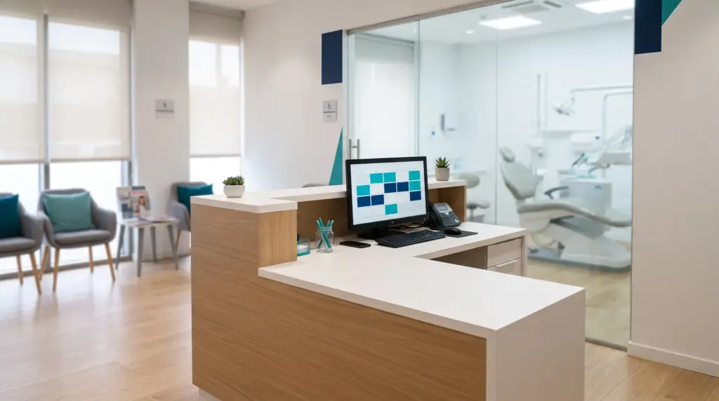 Dental clinic front desk with an appointment calendar on screen and a dental chair behind glass