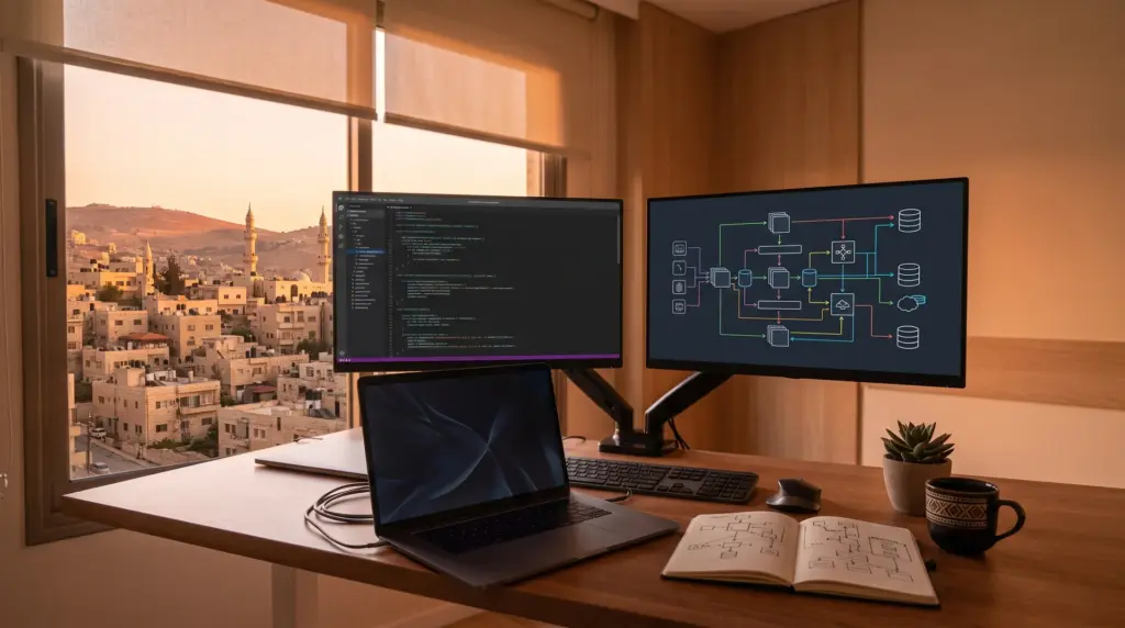 Engineer's desk at sunset with program code and an integration diagram on two monitors
