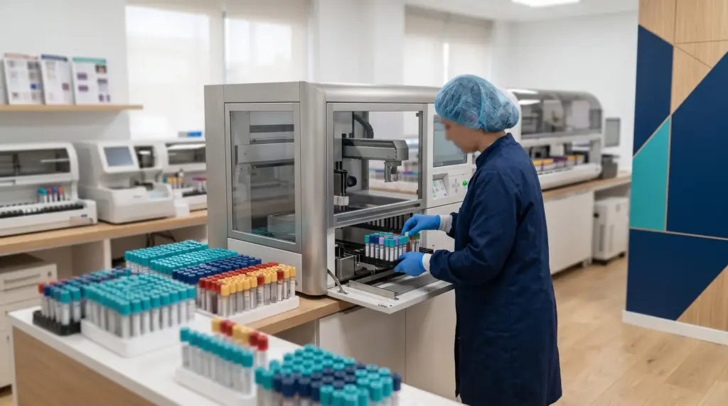 Lab technician loading blood sample tubes into an automated analyzer